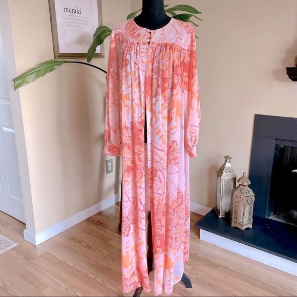 VTG MISS ELAINE 60s Sheer Mod Botanical Print ROBE/DUSTER - Picture 1 of 16
